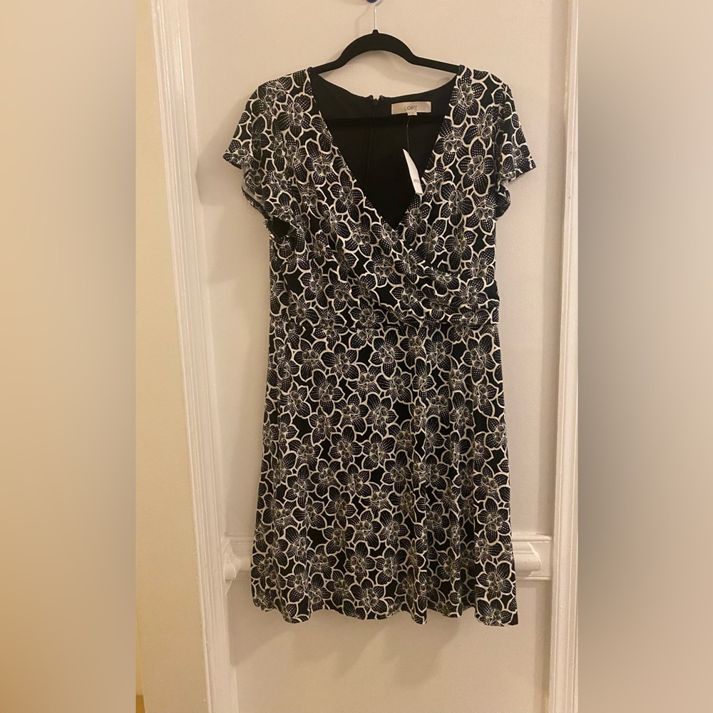 LOFT Black and White Floral Wrap Midi Dress